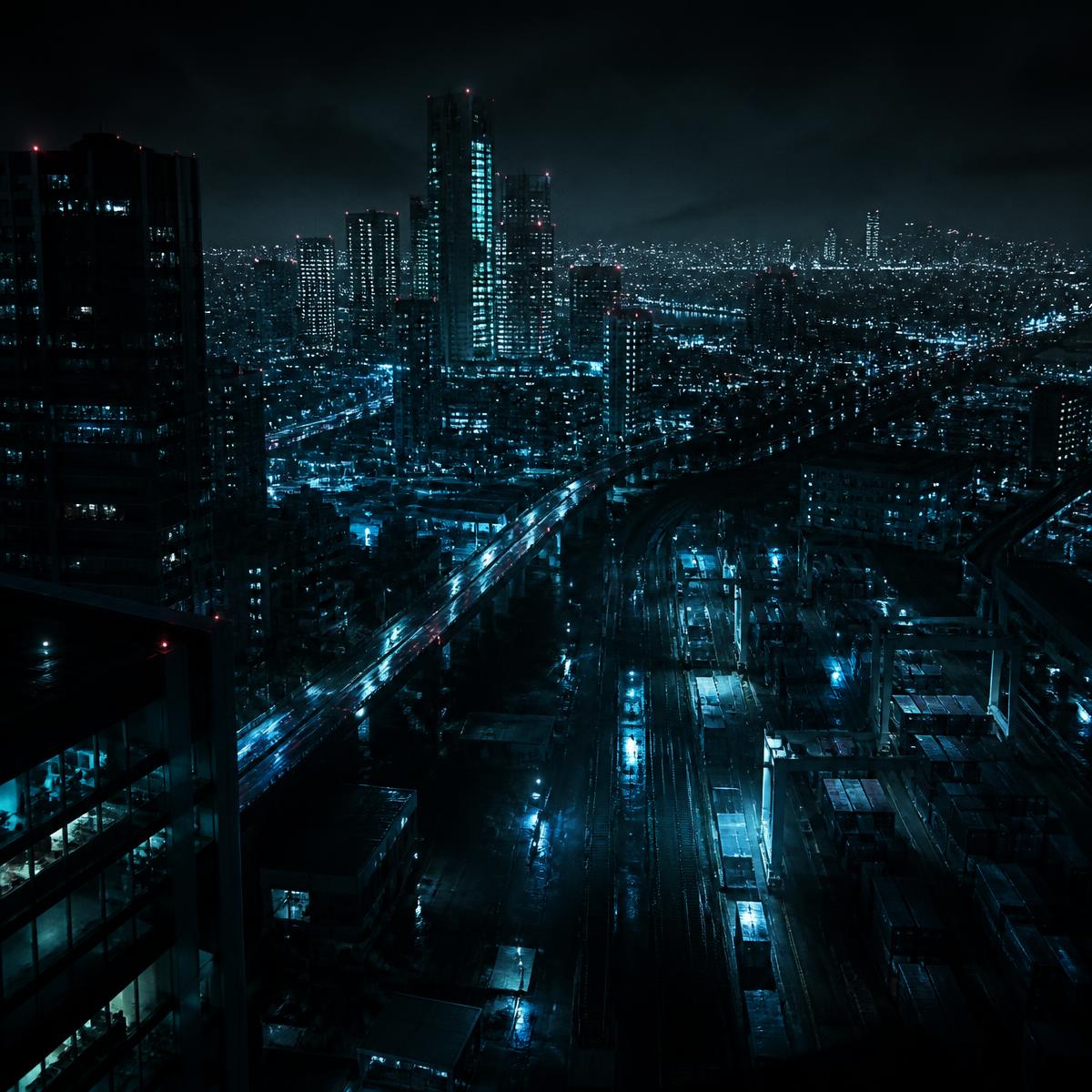 Aerial view of the Earned city at night with freight yards and lit towers